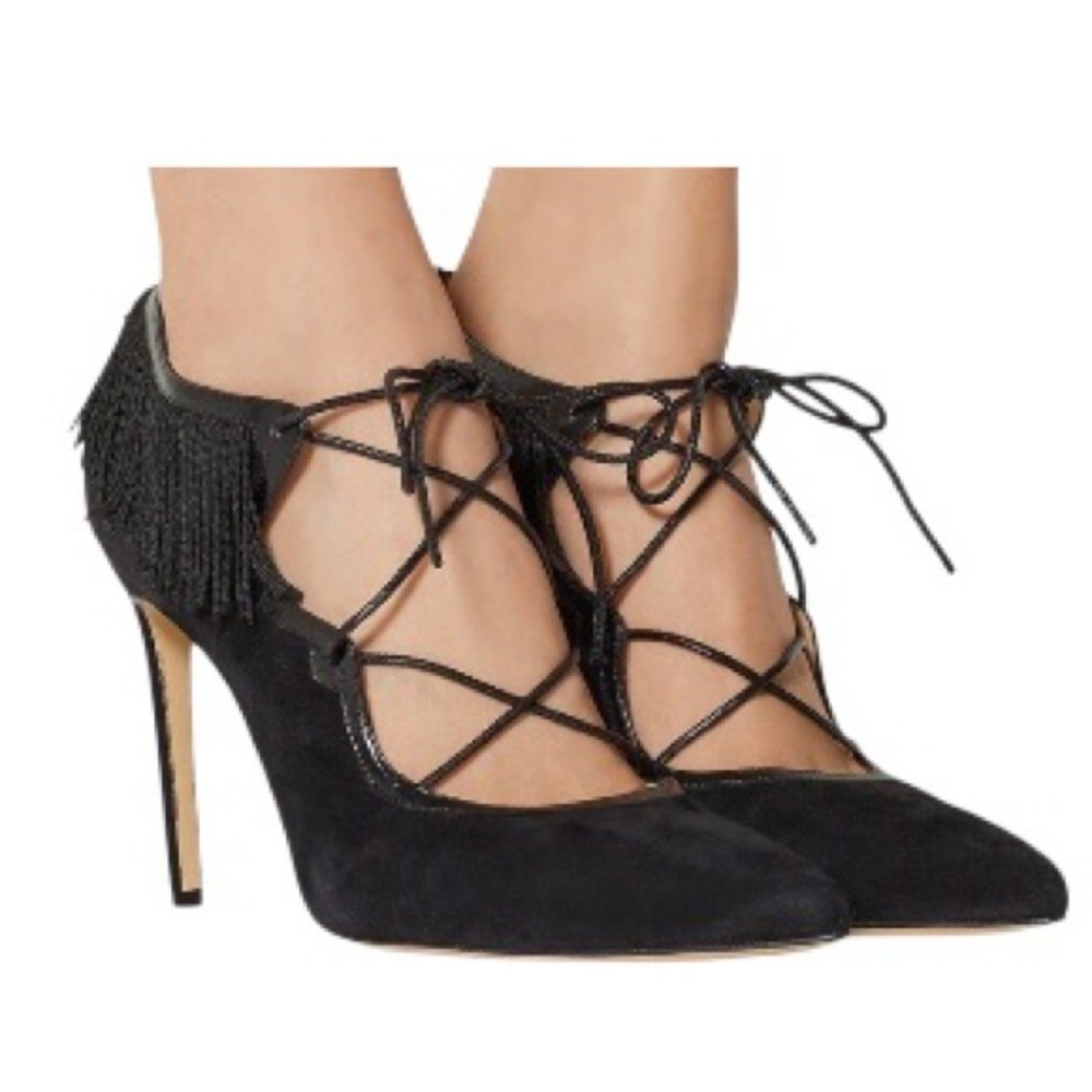 Bionda Castana Melina Fringe Lace Up Suede Pumps Size 39 Black